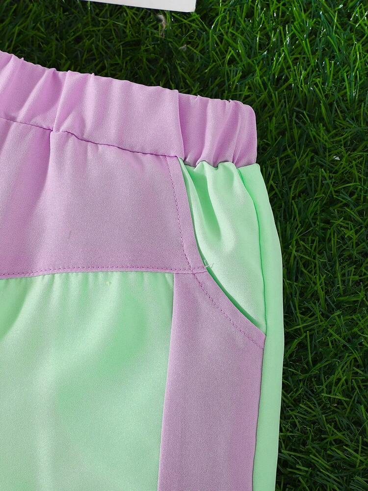 2pcs Baby Girl Solid Color Zip Pocket Hooded Cardigan Top, Fashion Contrasting Shorts, Comfortable And Soft For Spring, Summer And Autumn