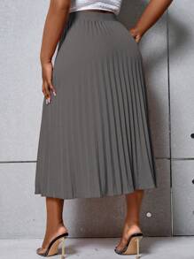 SHEIN Unity Plus Size Solid Color Elastic Waist Pleated Midi Skirt - Grey - View 2