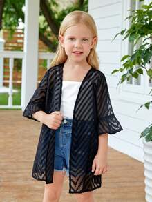 SHEIN Cô gái trẻ dệt áo len cardigan dáng rộng vừa vặn thông thường với mặt trước hở - màu đen - Xem 3