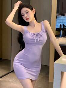 DAZY 女士极简性感抽绳修身家居服 - 紫色 - 查看 5