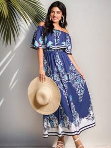 Seusyu Women's Ruffled Off Shoulder Floral Butterfly Print Arabian Dress - Blue - View 7