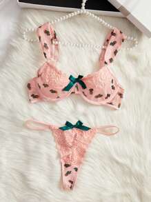 Women's Lace Splicing Mesh Underwire Bra And Thong Set, Lingerie - Pink - View 1