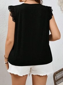 SHEIN Frenchy Plus Size Women's Solid Color Lace Splice Cap Sleeve Summer T-Shirt - Black - View 5