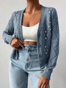 花卉刺繡網眼針織開襟衫 - 霧霾藍 - 查看 5