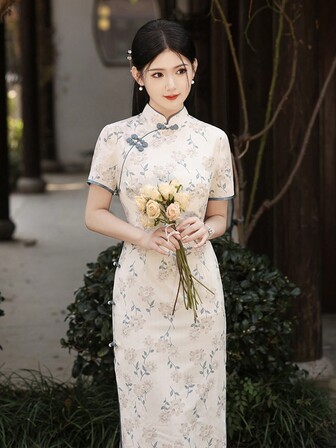 Women Summer Elegant QiPao Style Long Dress With Flower Print And Buckle