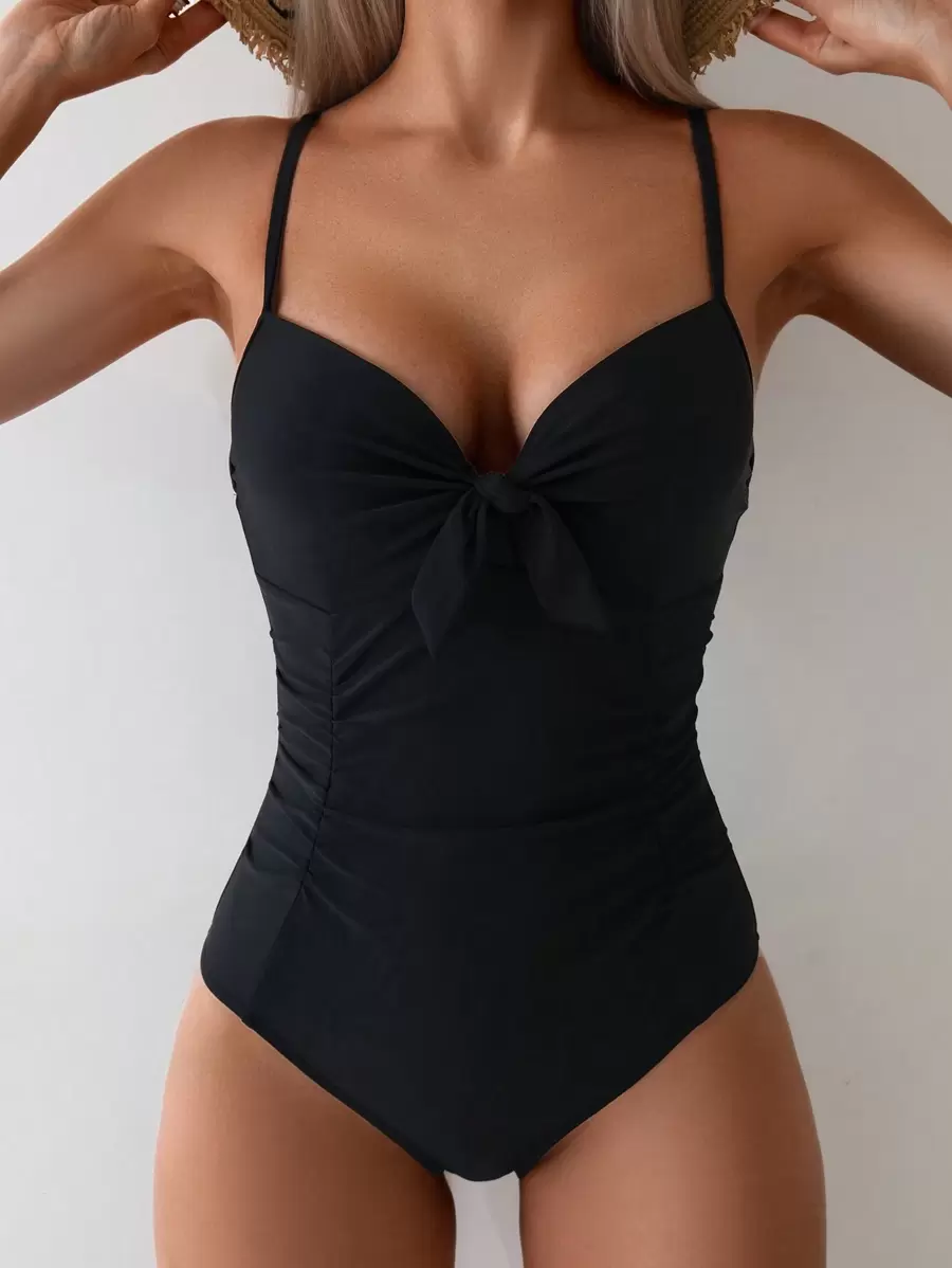 Swim Basics Summer Beach Women Vacation Solid Color Padded Ruched Front Knot One-Piece Swimsuit With Underwire Push Up - Black - View 1