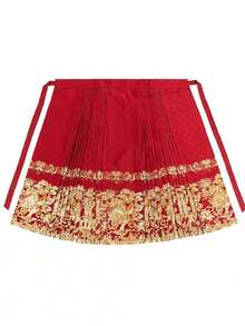Elegant Red Hanfu Bottoms With Golden Embroidery Folk Style Long Polyester Skirt For Women