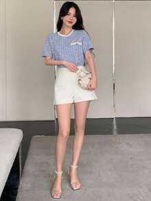 DAZY Họa tiết sọc trang trí có túi cổ tròn trang bị áo thun ngắn tay có phong cách - Màu xanh lam - Xem 2