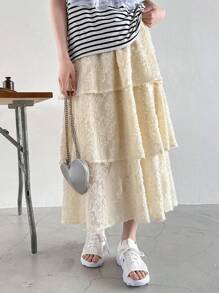 FRIFUL Women Cut-Out Elastic Waist Multi-Layered Hem Long Skirt - Beige - View 5
