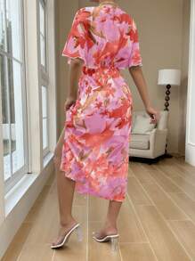 Chiquease Women Summer Floral Print V-Neck Poncho Sleeve Elegant Long Dress With Split Hem