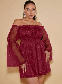 SHEIN BAE Plus Size Sparkly Off Shoulder Bell Sleeve Cinching Waist Dress For Summer - Burgundy - View 7