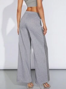SHEIN Haute 混合材質拼色寬腿牛仔褲 - 淺色水洗藍 - 查看 2