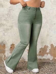 SHEIN ICON Plus Size Nữ Quần Jean Ống Loe Thường Ngày Có Túi - màu xanh lá - Xem 4