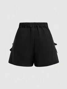 SHEIN MOD MOD 加大碼寬鬆短褲牛仔短褲高腰短褲洋裝短褲黑色短褲可愛短褲復古高腰黑色牛仔短褲配茶歇蝴蝶結裝飾