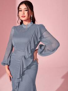 Modelyn 女士立领拼布灯笼袖荷叶边下摆阿拉伯连衣裙 - 霧霾藍 - 查看 3