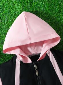 SHEIN 2 件/套女嬰純色拉鍊口袋連帽上衣和時尚拼色短褲,舒適柔軟,品質優良,適合春夏秋季 - 粉色 - 查看 6