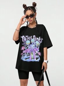 Coolane 女士休闲简约外星人字母印花超大圆领短袖 T 恤，适合春夏季，男女通用 - 黑色 - 查看 6