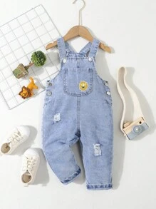 Overol de mezclilla para bebé con diseño de león pintado suave y lindo, lavado con agua para efecto desgastado - Azul lavado medio - Ver 1
