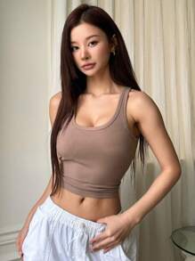 DAZY Solid Color Cropped Tank Top Sexy Top - Mocha Brown - View 3