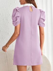 SHEIN Privé Women Solid Color Simple And Minimalist Daily Dress With Pleated Design,Lavender Dress - Mauve Purple - View 2