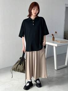 FRIFUL 女士純色休閒下垂肩譫肩短袖套衫，撞色領短袖T恤，春夏季 - 黑色 - 查看 2