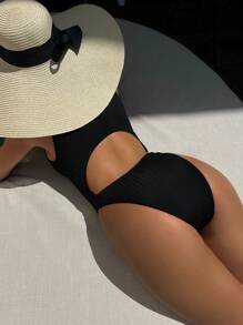 SHEIN Swim Ladies Solid Color Hollow Out Beachwear One Piece Swimsuit Summer - Black - View 1