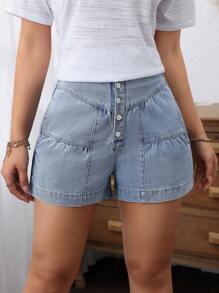 SHEIN LUNE Quần short denim nữ có nút phía trước và túi - Màu xanh lam - Xem 3