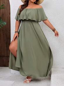 SHEIN VCAY Vestido de vacaciones con volantes y hombros descubiertos para tallas grandes - Verde Oliva - Ver 3