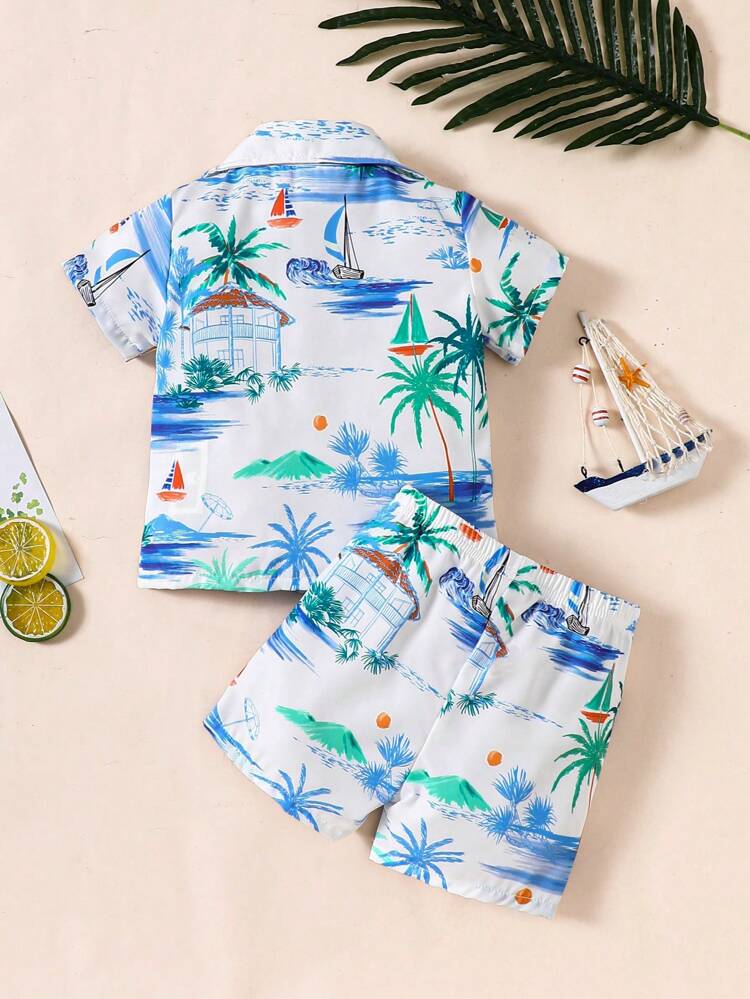 Baby Boy Minimalistic Beach Style Coconut Tree Sailboat Wave Print Shorts And Short Sleeve Shirt Casual Two-Piece Homewear Set