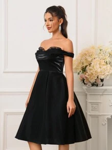 SHEIN Belle 女性優雅露肩蕾絲接插褶邊A字派對連衣裙，半正式連衣裙 - 黑色 - 查看 4