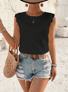 Breezaya 女士休閒無袖襯衫，採用水溶蕾絲拼接和後面打結設計 - 黑色 - 查看 6