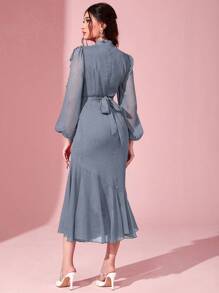 Modelyn 女士立领拼布灯笼袖荷叶边下摆阿拉伯连衣裙 - 霧霾藍 - 查看 2