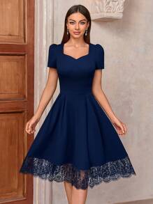 MIUSOL Sweetheart Neck Puff Sleeve Contrast Lace Dress - Navy Blue - View 7