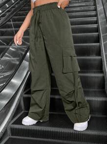 Flirla Plus Size Solid Color Cargo Pants With Drawstring Design