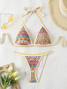 SHEIN Swim Women Contrast Color Vintage Print Halter Neck Bralette And Bikini Set Bottom Separates Bikini Set Summer Beach - Multicolor - View 1