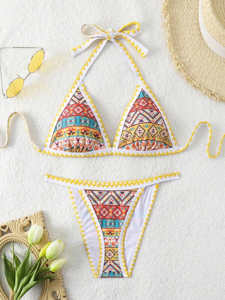 Women Contrast Color Vintage Print Halter Neck Bralette And Bikini Set Bottom Separates Bikini Set Summer Beach