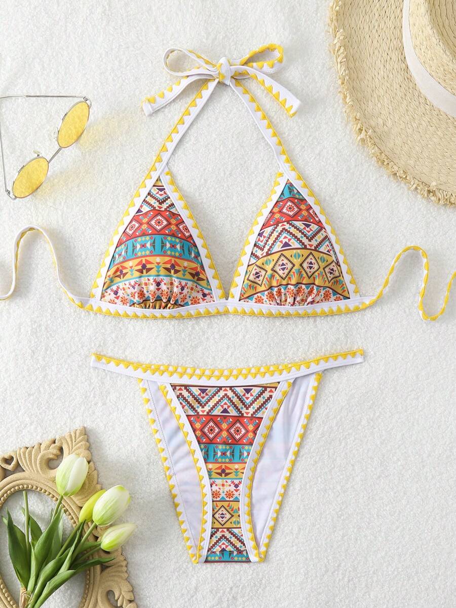 SHEIN Swim Women Contrast Color Vintage Print Halter Neck Bralette And Bikini Set Bottom Separates Bikini Set Summer Beach - Multicolor - View 1