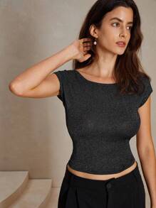 Anewsta Sexy And Slim Fit Women Short Top With Design Sense, Open Back And Slim Fit Shoulder Short Sleeve T-Shirt - Black - View 7