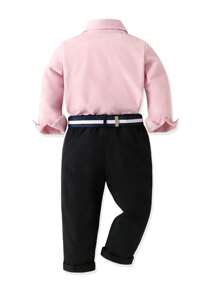 SHEIN 小男孩純色長袖襯衫與褲子套裝 - 粉色 - 查看 2