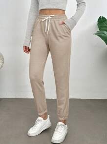 RueChic Drawstring Waist Slant Pocket Sweatpants - Beige - View 2