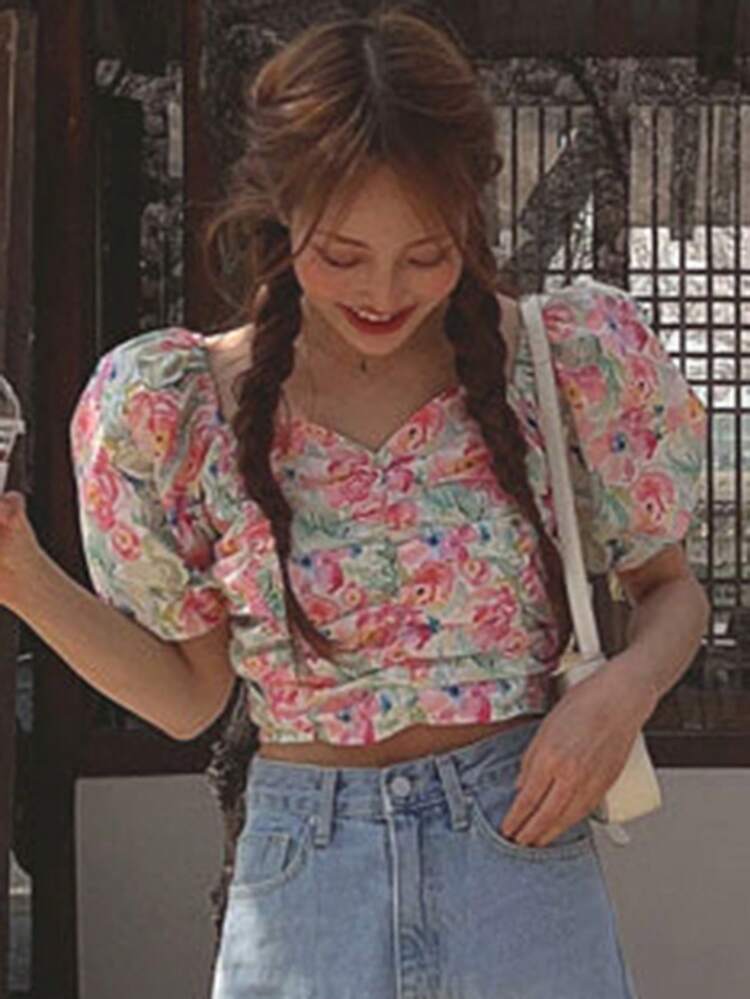 Women Floral Print Cropped Ruffle Short Sleeve Off Shoulder Blouse Vacation Outfits Women Easter Boho