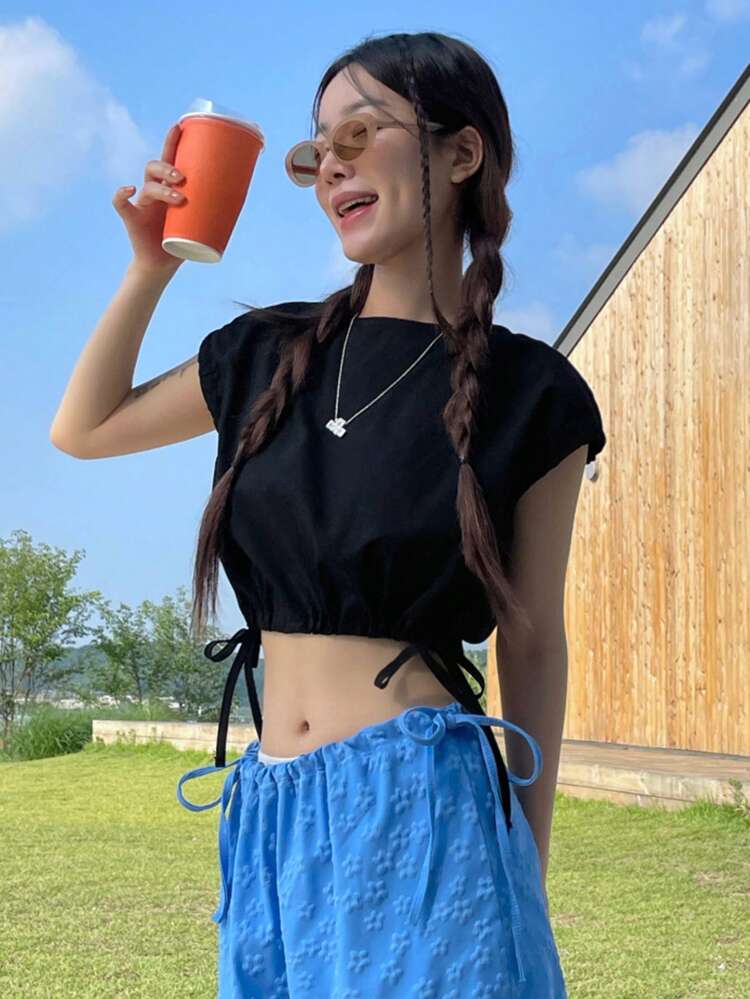 Women Solid Color Round Neck Shirt With Waist Belt And Batwing Sleeves Preppy Tops Crop Women Tops