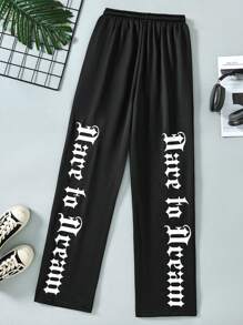 SHEIN Coolqubz Teen Boy Street Style Knitted Elastic Waist Drawstring Sweatpants With Letter Print - Black - View 2