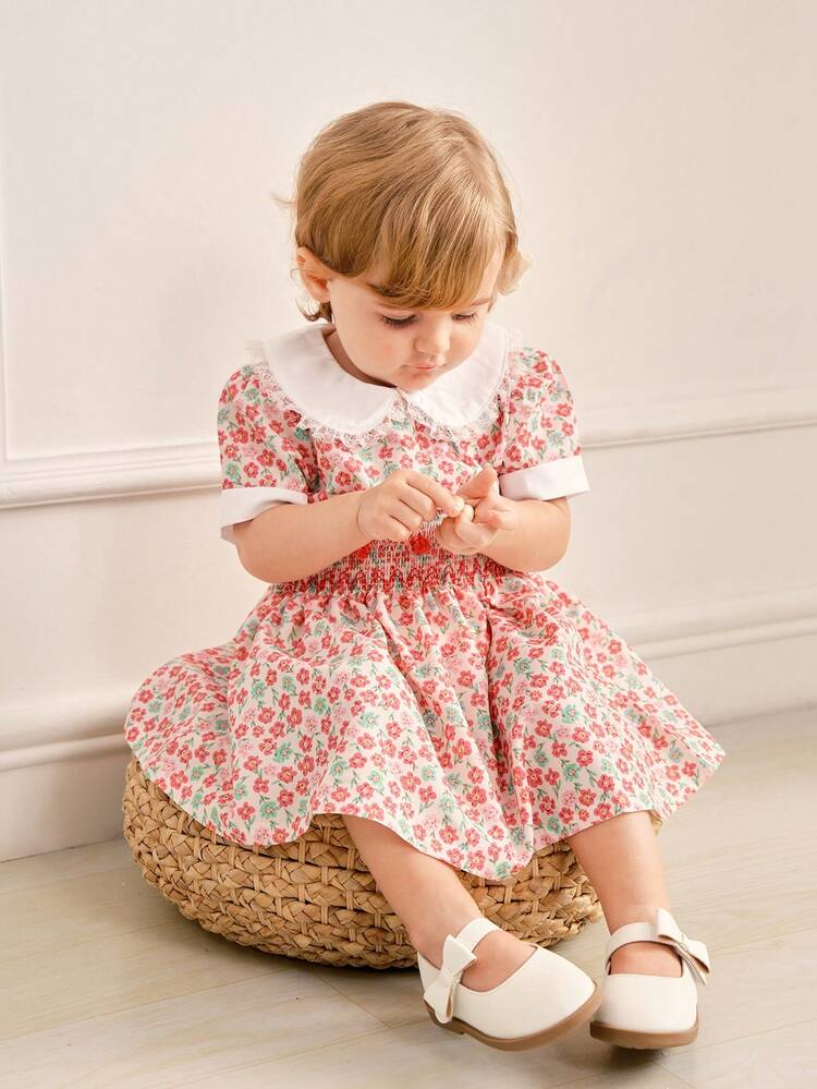 Baby Girl\ Summer Elegant Peter Pan Collar Shirred Waist Bubble Sleeve Dress With Floral Prints