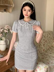 DAZY 彼得潘领撞色边修身短款连衣裙太阳裙、迷你裙舞会礼服 - 淺灰色 - 查看 6