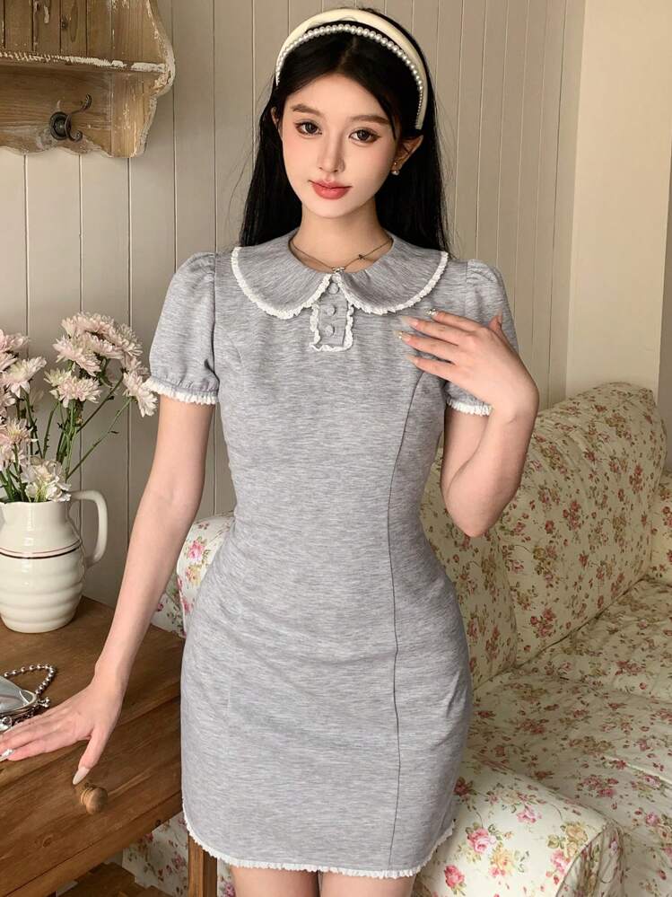DAZY Peter Pan Collar Contrasting Edge Slim Short Dress Sundress,Mini Dress Prom Dress - Light Grey - View 6