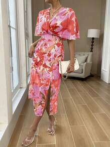 Chiquease Women Summer Floral Print V-Neck Poncho Sleeve Elegant Long Dress With Split Hem