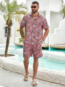 Genlund Men Plus Size Summer Vacation Style Floral Print Short Sleeve Shirt And Shorts Casual Outfit - Red - View 5