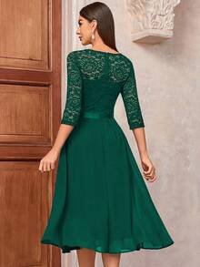 MIUSOL V Neck Floral Lace Bodice Chiffon Prom Party Swing Dress - Dark Green - View 3