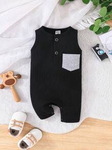 2pcs/Set Casual Baby Boy Color Block Short Sleeve Romper With Pocket